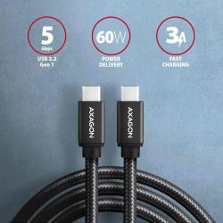 KÁBEL - USB 3.0 C-C kábel,  5 Gbps, 1.5m, fekete, 60W, Axagon