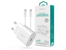 USB - USB töltő, hálózati, 1xUSB-C,  25W, +1m USB-C kábel, Devia, fehér