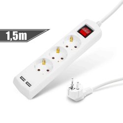 SZÜ - Elosztó, 3-as, 1.5m, +2db USB töltőaljzat, Delight, kapcsolós, fehér