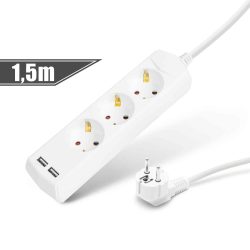 SZÜ - Elosztó, 3-as, 1.5m, +2db USB töltőaljzat, Delight, fehér