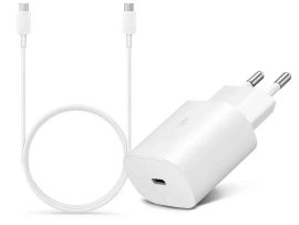 USB - USB töltő, hálózati, 1xUSB-C,  25W, +1m USB-C kábel, Samsung, fehér, ECO