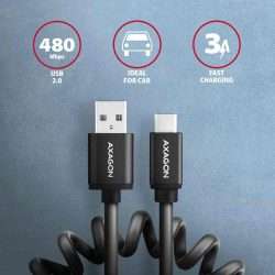 KÁBEL - USB 2.0 A-C kábel, 1.1m, Axagon, fekete, csavart kábel, 3A